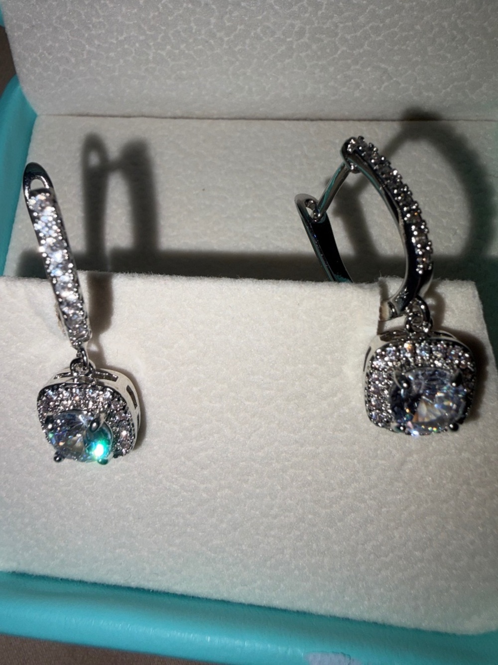 White Sapphire Halo Drop Earrings: 14kt White Gold Plated/Silver
